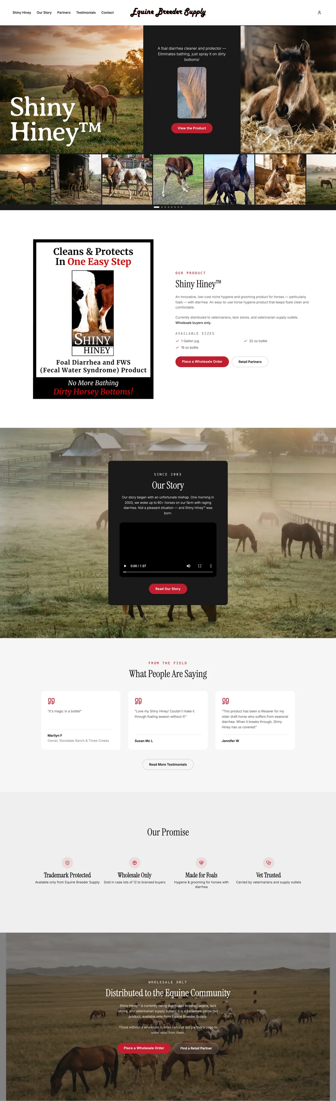 The Equine Breeder Supply home page, from the Shiny Hiney hero down to the wholesale section